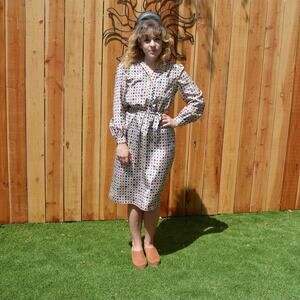 Vintage 1980s Schrader Sport Petites Patterned Long Sleeve Midi Shirt Dress